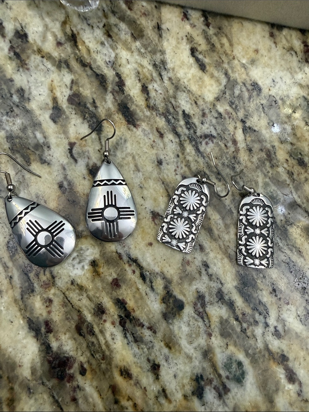 Silver-Tone Southwestern Engraved Drop Earrings - Pair